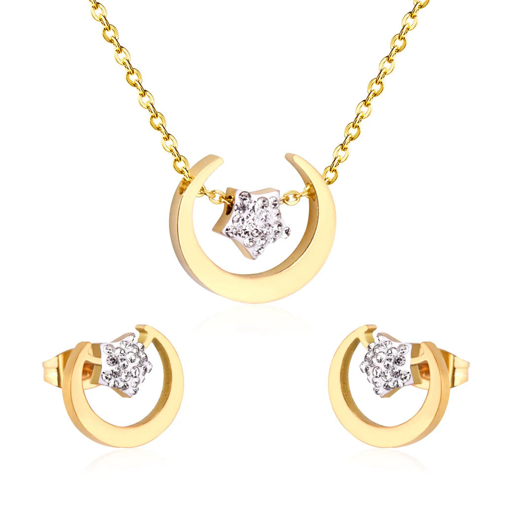 Sets Accessory Stainless Steel Gold Color Moon Star Pendant Necklace Piercing Stud Earrings AA1001