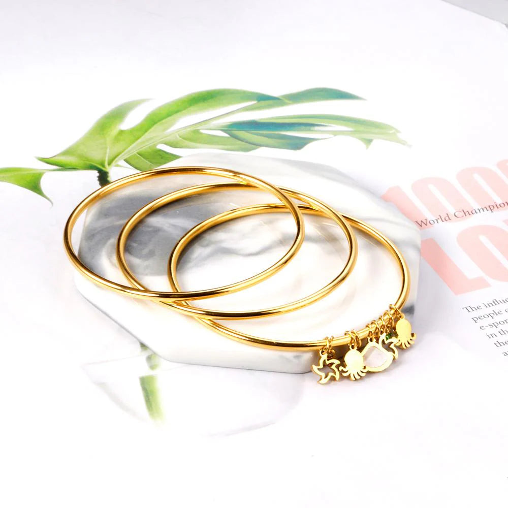 3pcs/Set Hollow Star Shell Charm Bracelets 60mm Gold Color Stainless Steel Bangles