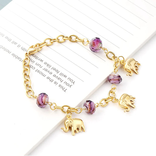 Elephant Charm Beads Gold Color Stainless Steel Bangle Pendant AA2002