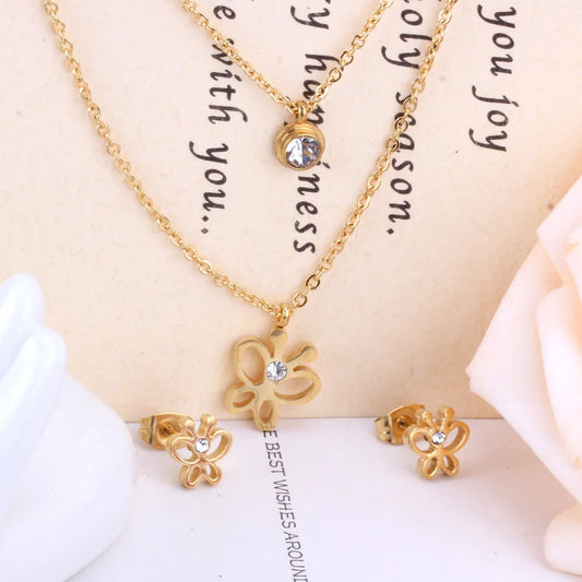 Butterfly Double Set Necklace Pendant Small Stud Earring Wedding Jewelry Set for Women 316L Stainless Steel Sets AA5701